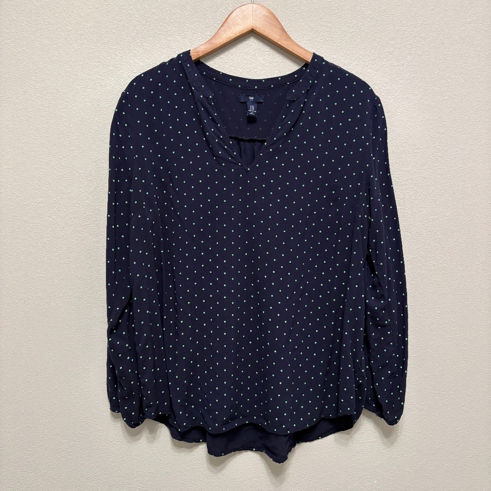 GAP Factory Split Neck Long Sleeves Top - Navy & Green Polka Dots, XL